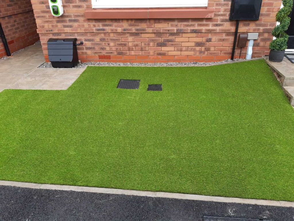 Image of front garden finished, with Delamere artificial grass.