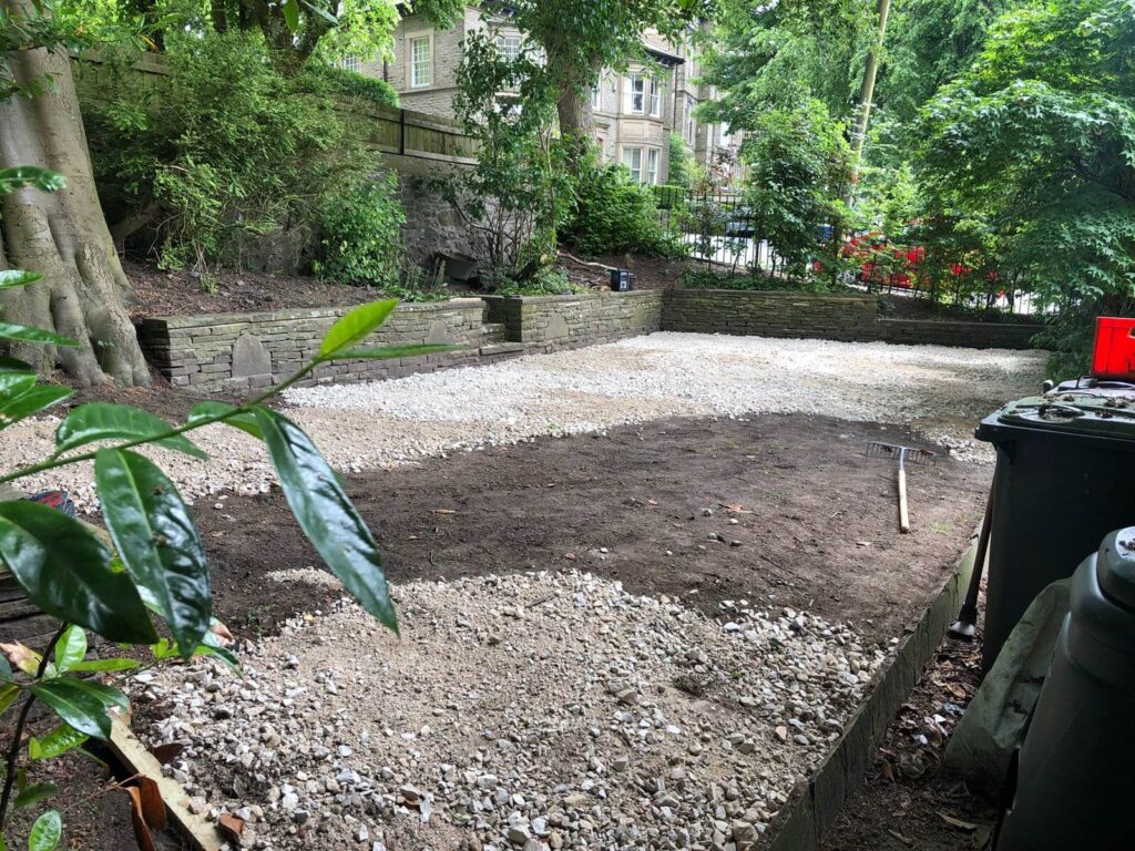 Photo of a garden having base works completed for artificial turf.
